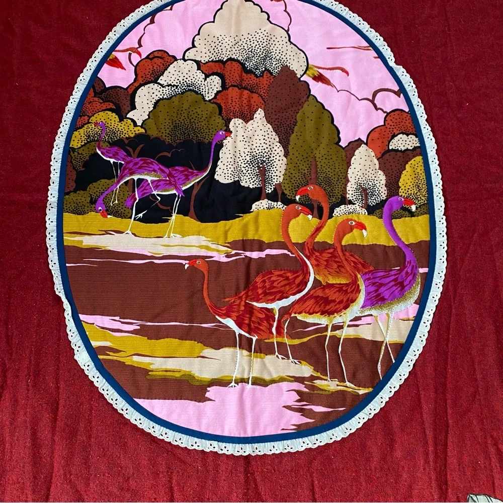 Vtg MCM Handmade Quilt Bedspread Bright Cranes Birds Maroon Wool Floral 58”x82”